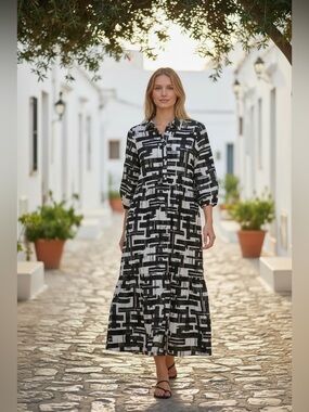 RACHEL ZOE Black/Wht Abstract Print Cotton Maxi Shirt Dress Small Travel